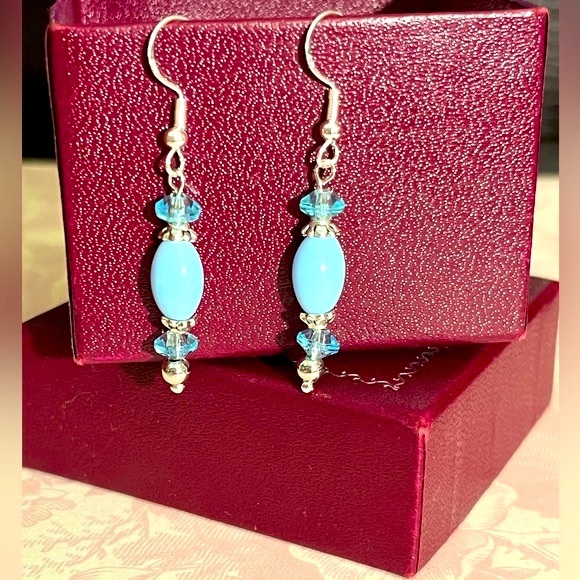 Hand Crafted Sky Blue Bead Earrings Fishhook Style Dangle Pierced Drop Earrings - Picture 2 of 2